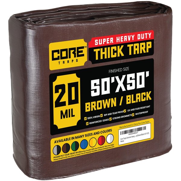 Core Tarps 50 ft L x 0.5 mm H x 50 ft W Heavy Duty 20 Mil Tarp, Brown/Black, Polyethylene CT-702-50X50